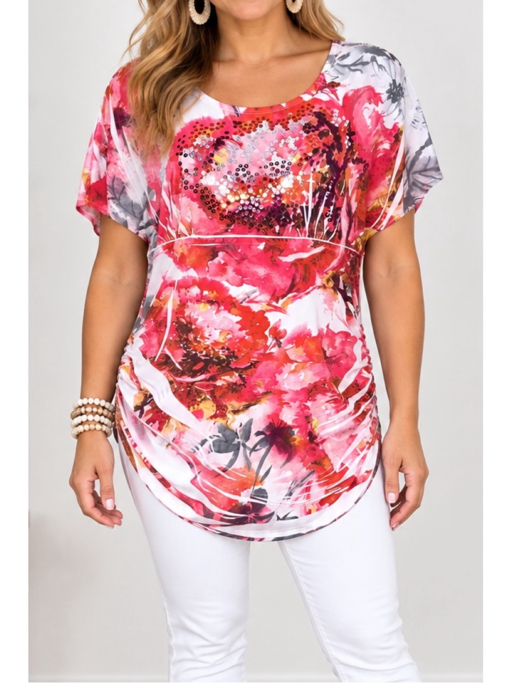 La Fama, vibrant pink, coral, & white  floral print sparkling sequin Top -Small